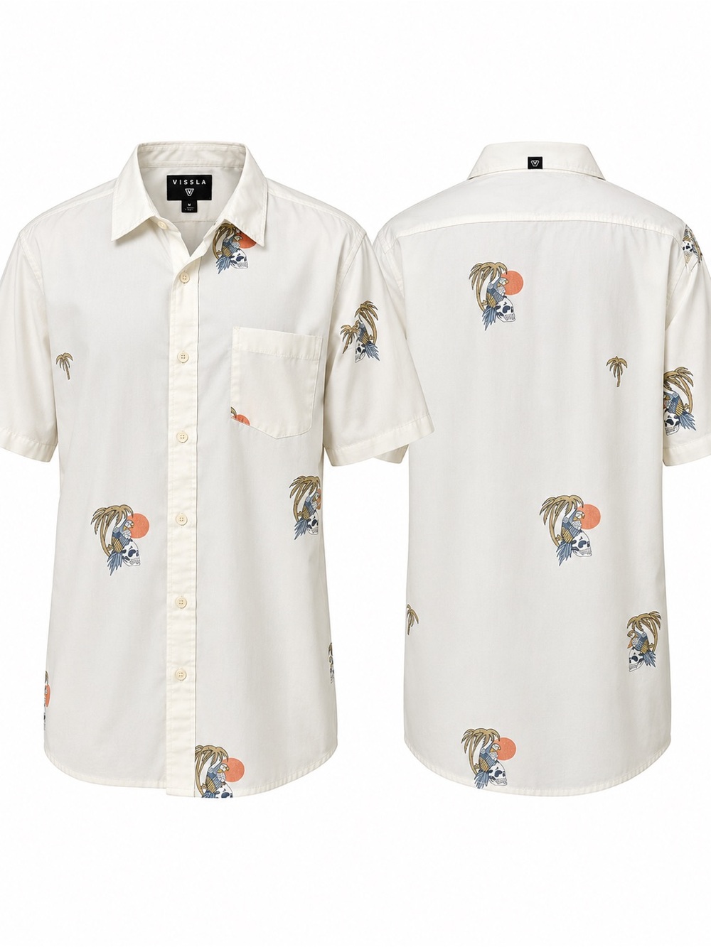 VISSLA Cream Short-Sleeve Button-Down Shirt with Tropical Motif